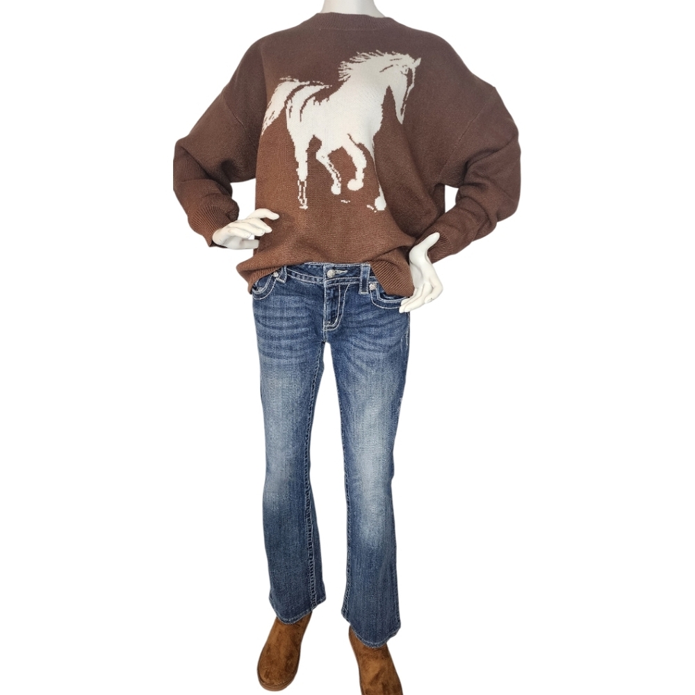 NWT Main Strip Saddle Up Horse Knit Sweater Brown Western Large - Picture 2 of 8